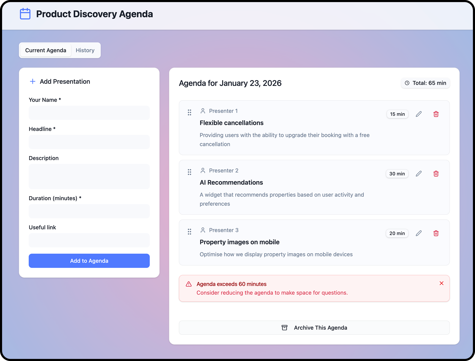 Agenda generator for stakeholder presentations